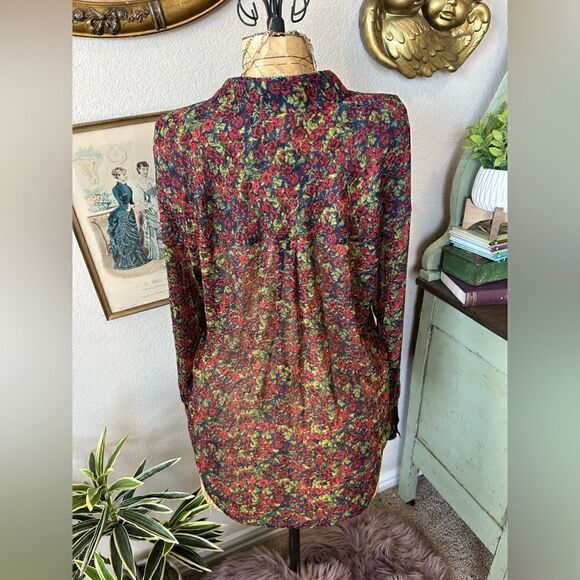 Free People Easy Rider Blue Green Red Rose Floral Sheer Button Up Blouse Sz M - Picture 6 of 12